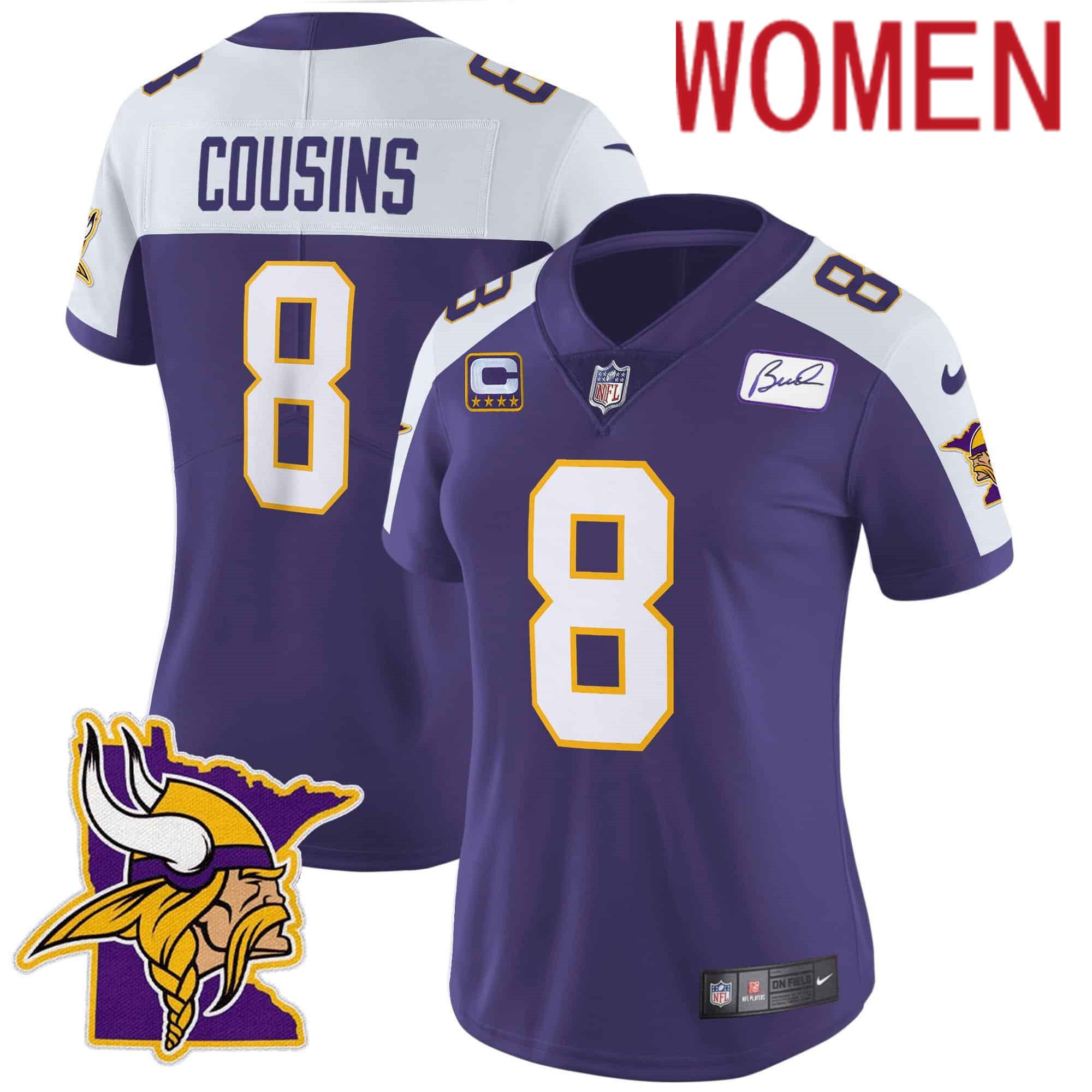 Women Minnesota Vikings 8 Cousins Purple 2024 Nike Patch Classic Limited NFL Jersey